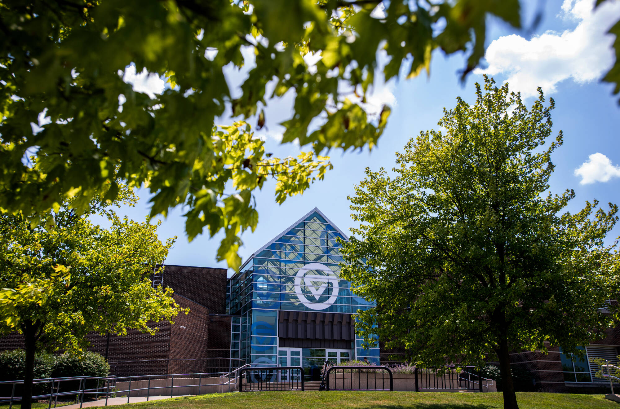 exterior of Kirkhof Center, with circle GV window covering